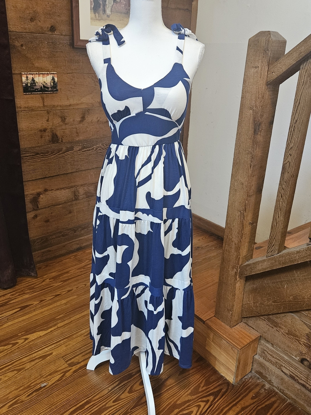 Harlow & Rose Navy and White Tie-Shoulder Tiered Maxi Dress